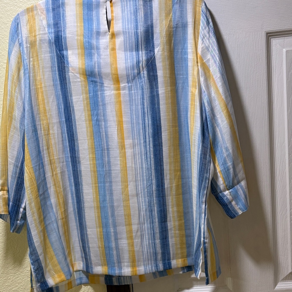 Alfred Dunner Yellow, Blue and White Striped Tunic with Lace V-Neck - Picture 7 of 7